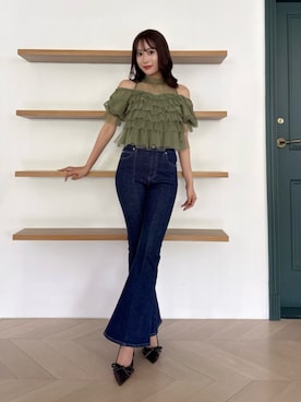 「dazzlin（ダズリン）のティアードフレアペプラムブラウス（シャツ/ブラウス、グリーン系）」を使った、yunaさん（レディース・161cm）の夏コーディネート