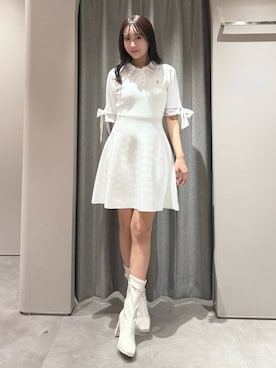「dazzlin（ダズリン）のリボンスリーブニットミニワンピース（ワンピース、ホワイト系）」を使った、yunaさん（レディース・161cm）の春コーディネート