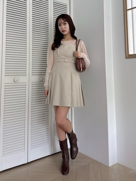 「dazzlin（ダズリン）のベルトミニジャンスカ（ジャンパースカート、ベージュ系）」を使った、yunaさん（レディース・161cm）の夏コーディネート