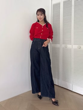 「dazzlin（ダズリン）のフリルドッキングニットトップス（ニット/セーター、レッド系）」を使った、yunaさん（レディース・161cm）の夏コーディネート