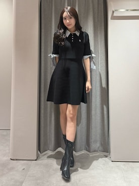 「dazzlin（ダズリン）のリボンスリーブニットミニワンピース（ワンピース、ブラック系）」を使った、yunaさん（レディース・161cm）の春コーディネート
