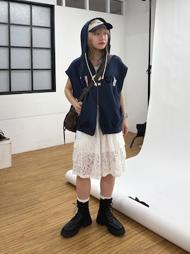 「w closet（ダブルクローゼット）のアイテム（帽子）」を使った、yuuka   shinodaさん（レディース・153cm）の春コーディネート