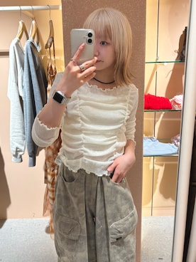「w closet（ダブルクローゼット）のフロントギャザープルオーバー（Tシャツ/カットソー、ホワイト系）」を使った、yuuka   shinodaさん（レディース・153cm）の春コーディネート