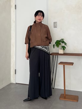 「un dix cors（アンディコール）のフラップポケットブルゾン（ブルゾン、ブラウン系）」を使った、M a k oさん（レディース・155cm）の秋コーディネート
