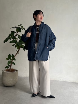 「un dix cors（アンディコール）のパデット中綿デニムジャケット（ブルゾン、ブラック系）」を使った、M a k oさん（レディース・155cm）の秋コーディネート