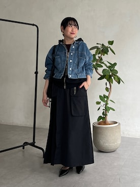「un dix cors（アンディコール）のデニムレイヤードブルゾン（ブルゾン、ブラック系）」を使った、M a k oさん（レディース・155cm）の秋コーディネート