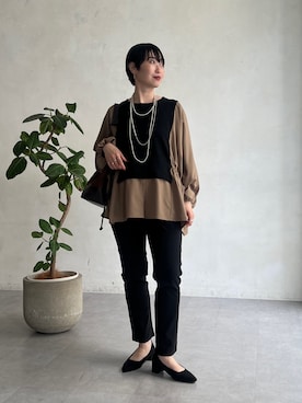 「un dix cors（アンディコール）の切り替えプルオーバー（Tシャツ/カットソー、ベージュ系）」を使った、M a k oさん（レディース・155cm）の秋コーディネート