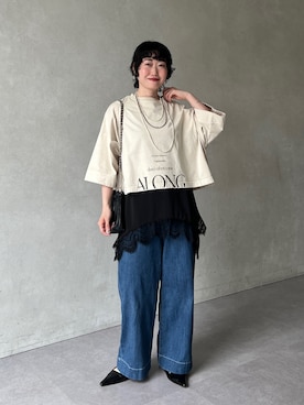 「un dix cors（アンディコール）のピグメントオーバーロゴTEE（Tシャツ/カットソー、ホワイト系）」を使った、M a k oさん（レディース・155cm）の春コーディネート