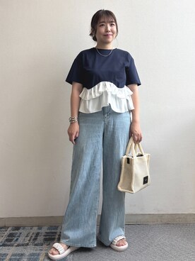 「OPAQUE.CLIP（オペークドットクリップ）の裾フリルドッキングTシャツ【洗濯機OK】（Tシャツ/カットソー、ブルー系）」を使った、haraさん（レディース・155cm）の春コーディネート