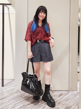 「PAGEBOY（ページボーイ）のモードバックルベルト3（ベルト、ブラック系）」を使った、いっしぃさん（レディース・154cm）の夏コーディネート