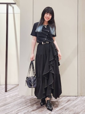 「PAGEBOY（ページボーイ）のモードバックルベルト3（ベルト、ブラック系）」を使った、いっしぃさん（レディース・154cm）の夏コーディネート