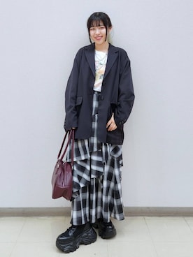 「PAGEBOY（ページボーイ）の【セットアップ対応】チェックMIXジャケット 《2サイズ展開》（テーラードジャケット）」を使った、いっしぃさん（レディース・154cm）の秋コーディネート
