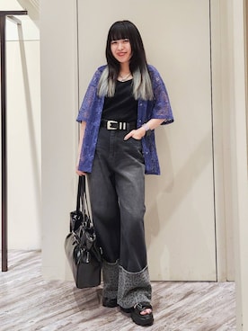 「PAGEBOY（ページボーイ）のモードバックルベルト3（ベルト、ブラック系）」を使った、いっしぃさん（レディース・154cm）の夏コーディネート