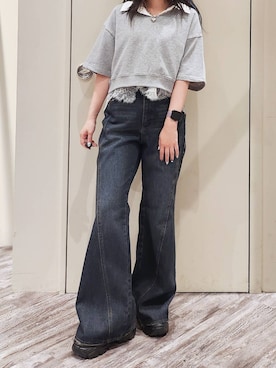 「PAGEBOY（ページボーイ）の【前後2WAY/接触冷感】マルチWAYネックアイススウェット（スウェット、グレー系）」を使った、いっしぃさん（レディース・154cm）の夏コーディネート