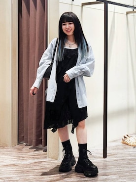 「PAGEBOY（ページボーイ）のレースアップソックスブーツ 【3サイズ展開・軽量】（ブーツ、ブラック系）」を使った、いっしぃさん（レディース・154cm）の春コーディネート