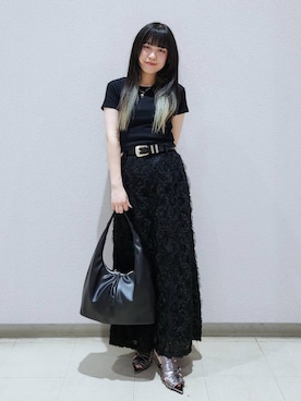 「PAGEBOY（ページボーイ）のモードバックルベルト3（ベルト、ブラック系）」を使った、いっしぃさん（レディース・154cm）の春コーディネート