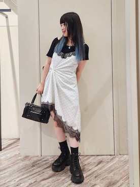 「PAGEBOY（ページボーイ）の【2WAY仕様】スタッズミニボストンバッグ（ショルダーバッグ、ブラック系）」を使った、いっしぃさん（レディース・154cm）の夏コーディネート