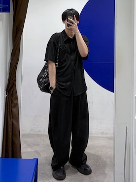 「LIEU HOMME（リュウオム）のLIEU HOMME／カーブワイドパンツ（スラックス、ブラック系）」を使った、863yさん（メンズ）の夏コーディネート