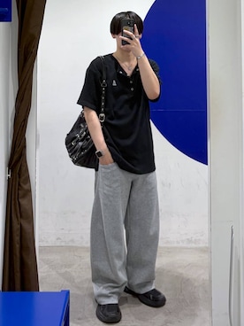 「LAND MUSEUM（ランドミュージアム）のLAND MUSEUM／バギーラインスウェットパンツ（スウェットパンツ、グレー系）」を使った、863yさん（メンズ）の夏コーディネート