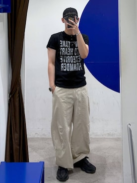 「LAND MUSEUM（ランドミュージアム）のLAND MUSEUM／ロゴプリントヘンリーT（Tシャツ/カットソー、ブラック系）」を使った、863yさん（メンズ）の夏コーディネート