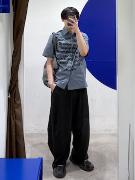 「LIEU HOMME（リュウオム）のLIEU HOMME／カーブワイドパンツ（スラックス、ブラック系）」を使った、863yさん（メンズ）の夏コーディネート