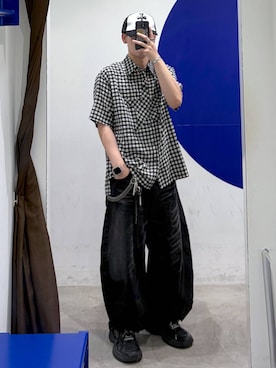 「HOODHOOD（フッドフッド）の【UNISEX】HOODHOOD／スターアップリケチェックシャツ（シャツ/ブラウス、ブラック系）」を使った、863yさん（メンズ）の夏コーディネート