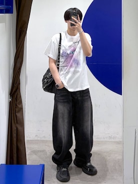 「HOODHOOD（フッドフッド）の【UNISEX】HOODHOOD／Spray Alien Tシャツ（Tシャツ/カットソー、ホワイト系）」を使った、863yさん（メンズ）の夏コーディネート