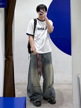 「ALAND（エーランド）の【UNISEX】ALAND／フロッキーロゴＴ（Tシャツ/カットソー、ホワイト系）」を使った、863yさん（メンズ）の夏コーディネート