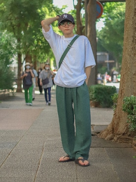 「緑」｜「アイテム（サンダル）」を使った、しゃちょーさん（メンズ・169cm）の夏コーディネート