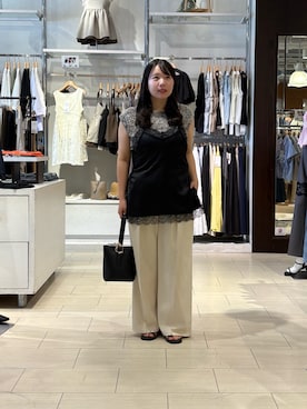 「Thevon（ゼボン）のマットサテンレースキャミ（キャミソール、ブラック系）」を使った、mayuuu528さん（レディース・158cm）の夏コーディネート
