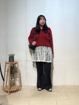 「Thevon（ゼボン）のボートネックケーブルニット（ニット/セーター、レッド系）」を使った、mayuuu528さん（レディース・158cm）の秋コーディネート
