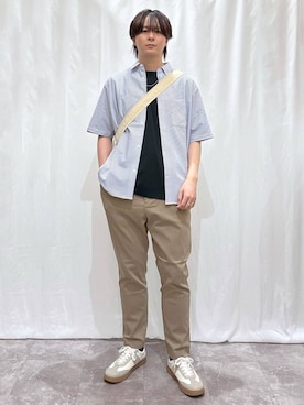 「GLOBAL WORK（グローバルワーク）のエアかるクラシックスニーカー/142642（スニーカー、ベージュ系）」を使った、kazuoさん（メンズ・182cm）の春コーディネート