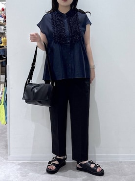 「GLOBAL WORK（グローバルワーク）のウツクシルエットDRYテーパードパンツ/636544（その他パンツ、ブラック系）」を使った、かとやまさん（レディース・158cm）の夏コーディネート