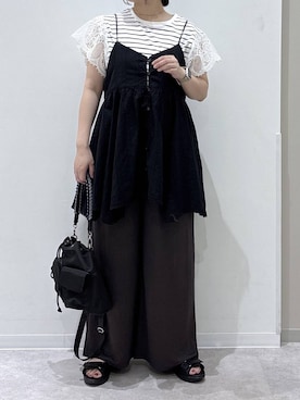 「GLOBAL WORK（グローバルワーク）のアシメヘムキャミチュニック/1017796（シャツ/ブラウス、ブラック系）」を使った、かとやまさん（レディース・158cm）の夏コーディネート