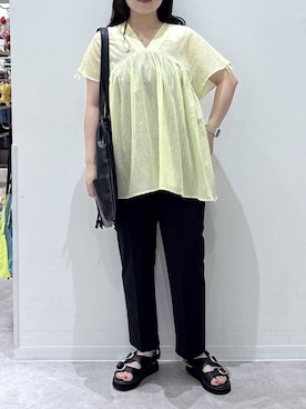 「GLOBAL WORK（グローバルワーク）のウツクシルエットDRYテーパードパンツ/636544（その他パンツ、ブラック系）」を使った、かとやまさん（レディース・158cm）の夏コーディネート