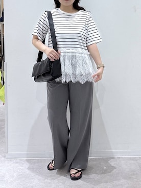 「GLOBAL WORK（グローバルワーク）のウツクシDRYワイドストレートパンツ/636547（その他パンツ、グレー系）」を使った、かとやまさん（レディース・158cm）の夏コーディネート