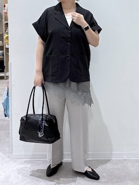 「GLOBAL WORK（グローバルワーク）のやさしソールVカットパンプス/1023336（パンプス、ブラック系）」を使った、かとやまさん（レディース・158cm）の夏コーディネート