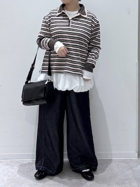 「GLOBAL WORK（グローバルワーク）のダブル襟マルチボーダーポロ/1042903（Tシャツ/カットソー、グレー系）」を使った、かとやまさん（レディース・158cm）の秋コーディネート