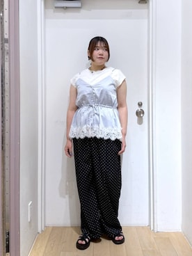 「LOWRYS FARM（ローリーズファーム）の【接触冷感】ベーシックノースリーブ　1043004（Tシャツ/カットソー、ホワイト系）」を使った、ももみんさん（レディース・161cm）の夏コーディネート
