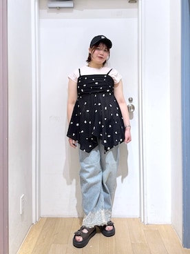 「LOWRYS FARM（ローリーズファーム）の【接触冷感】ベーシックノースリーブ　1043004（Tシャツ/カットソー、ピンク系）」を使った、ももみんさん（レディース・161cm）の夏コーディネート
