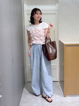 「LOWRYS FARM（ローリーズファーム）のシャーリングビスチェ　1046445（ベスト、ピンク系）」を使った、MIKAさん（レディース・165cm）の夏コーディネート