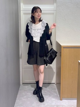 「LOWRYS FARM（ローリーズファーム）のストレッチボリュームヒールブーツ　1044026（ブーツ、ブラック系）」を使った、MIKAさん（レディース・165cm）の夏コーディネート