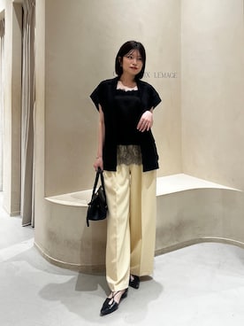 「CAPRICIEUX LE'MAGE（カプリシューレマージュ）の〈C.L〉リネンタッチハーフスリーブジャケット（ベスト、ブラック系）」を使った、mashilemageさん（レディース・164cm）の夏コーディネート