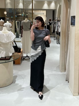 「CAPRICIEUX LE'MAGE（カプリシューレマージュ）のミニバルーンラップT（Tシャツ/カットソー、グレー系）」を使った、mashilemageさん（レディース・164cm）の夏コーディネート