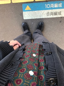 「RAGEBLUE（レイジブルー）のダメージニットカーディガン/214794（カーディガン/ボレロ）」を使った、シオ★着用アイテムメルカリ出品さん（メンズ・170cm）の秋コーディネート