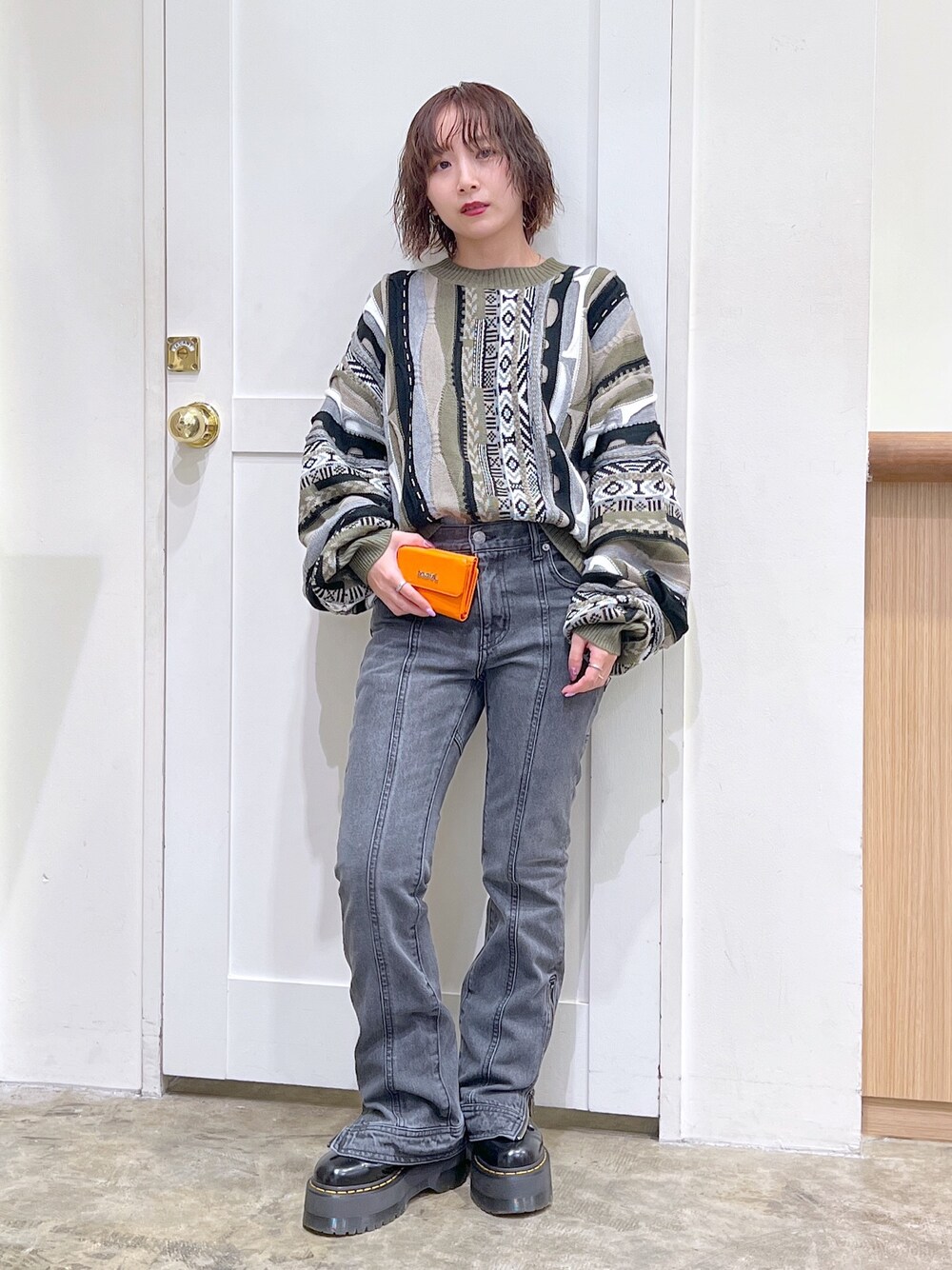 「ストリート、メンズライク、ootd、x-girl、低身長」｜「X-girlのJACQUARD KNIT TOP（ニット/セーター、グリーン系）」を使った、河原光希さん（レディース・144cm）の冬コーディネートの1枚目の写真