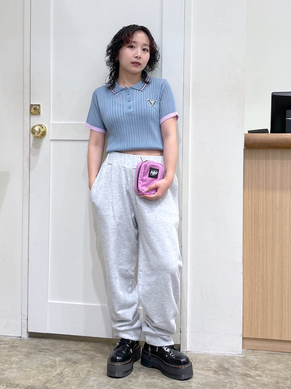 「ストリート、メンズライク、ootd、x-girl、低身長」｜「X-girlのRIB KNIT POLO（ポロシャツ、ブルー系）」を使った、河原光希さん（レディース・144cm）の夏コーディネートの1枚目の写真