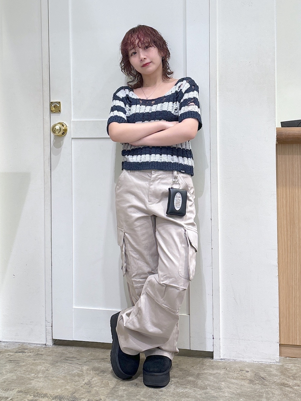 「ストリート、メンズライク、ootd、x-girl、低身長」｜「X-girlのDISTRESSED TAPE YARN KNIT TOP（ニット/セーター、その他）」を使った、河原光希さん（レディース・144cm）の春コーディネートの1枚目の写真