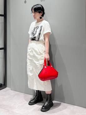 「HIROKO HAYASHI（ヒロコハヤシ）のOSSO VIVO（オッソ ヴィーヴォ）2WAYハンドバッグ（ハンドバッグ、レッド系）」を使った、mc_hhさん（レディース・156cm）の夏コーディネート