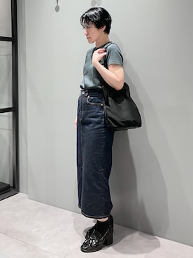 「HIROKO HAYASHI（ヒロコハヤシ）のPOLARIS（ポラリス）縦型トートバッグ（トートバッグ、ブラック系）」を使った、mc_hhさん（レディース・156cm）の夏コーディネート